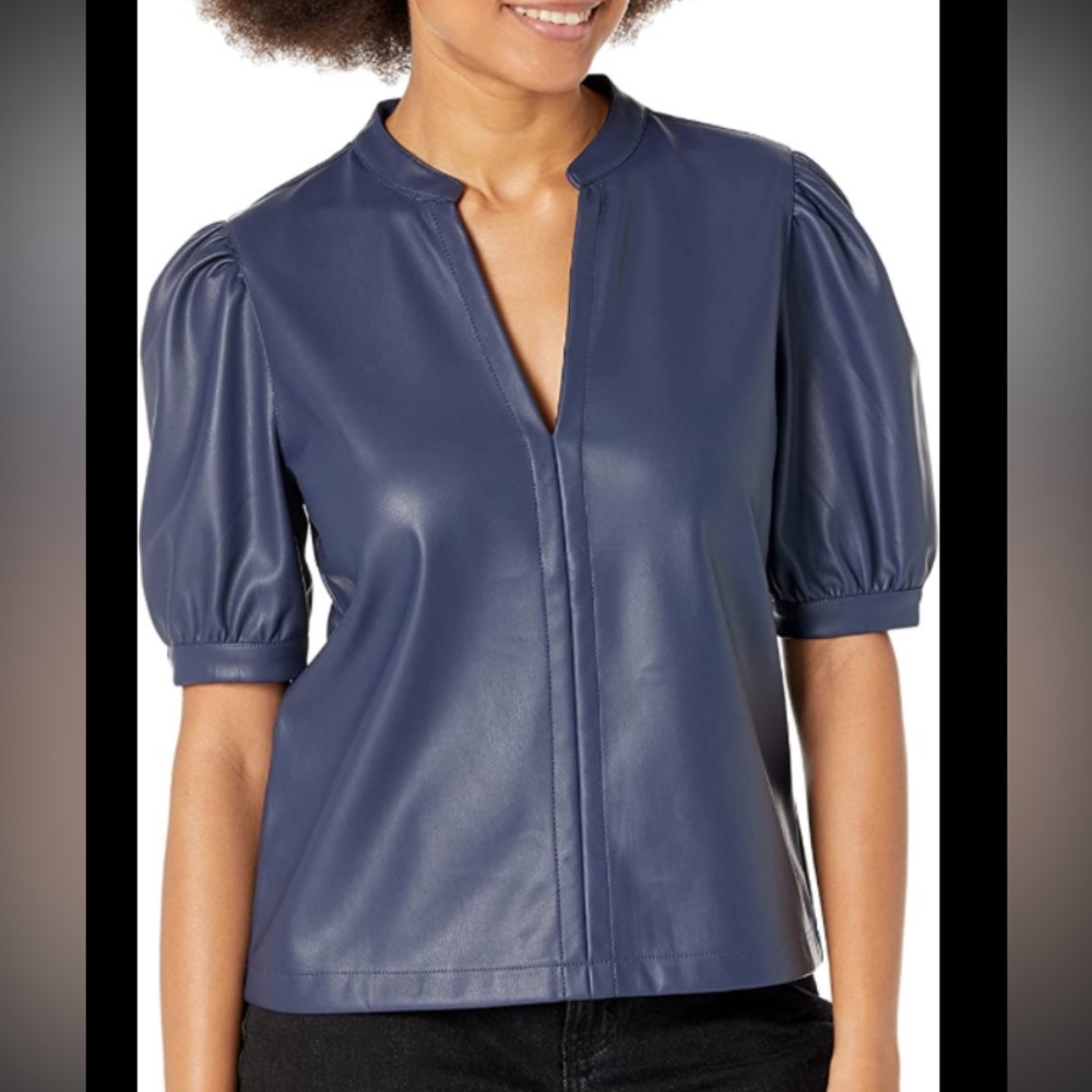 Steve Madden Peacoat Navy Leather Puff Sleeve Top